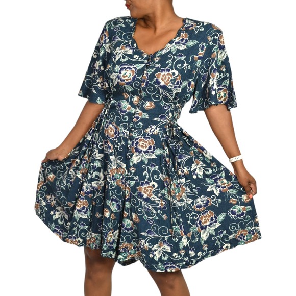 Vintage Floral Romper Green Rayon Playsuit Adjustable Corset Waist Plus Size 14 - Picture 6 of 16